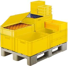 Bild von Transport-Stapelkasten B600xT400xH270 mm gelb, geschlossen mit Griffloch