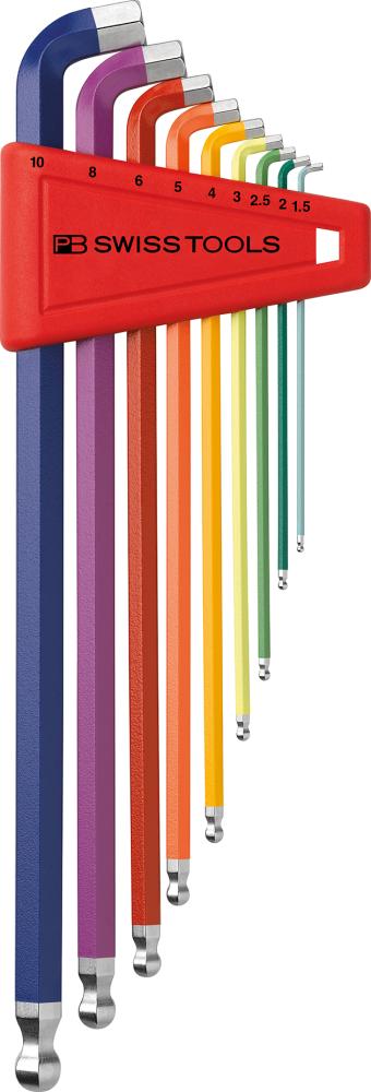 Bild für Kategorie Winkelschraubendreher-Satz für 6-kant-Schrauben, mit Kugelkopf, mit Farbcodierung und verkürztem Schenkel, lang, Nr. PB 2212